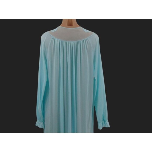 Vintage Shadowline Green Nylon Long Robe M Lace Embroidered Yoke Button Front - Picture 7 of 13